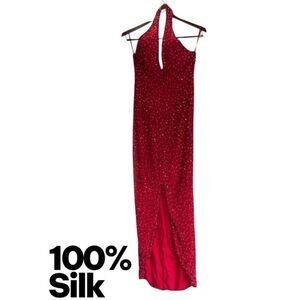 Demetrios Designs red 100% silk halter maxi dress sequin bead detailing size 4